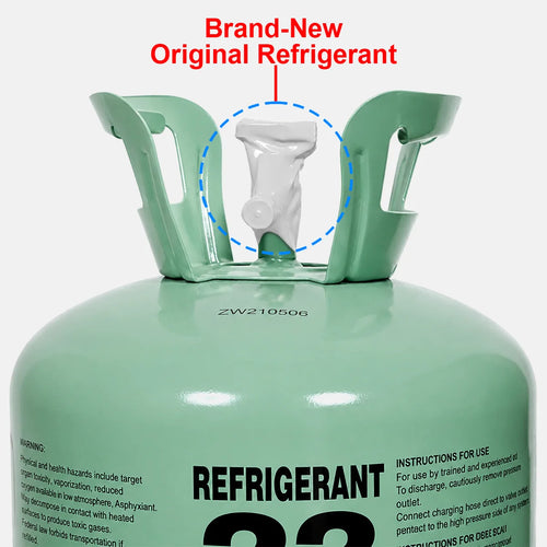 Close-up of Freon Online R22 refrigerant cylinder valve and protective handle