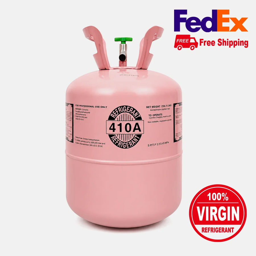 Freon Online 25 lb virgin R410A refrigerant cylinder with free FedEx shipping