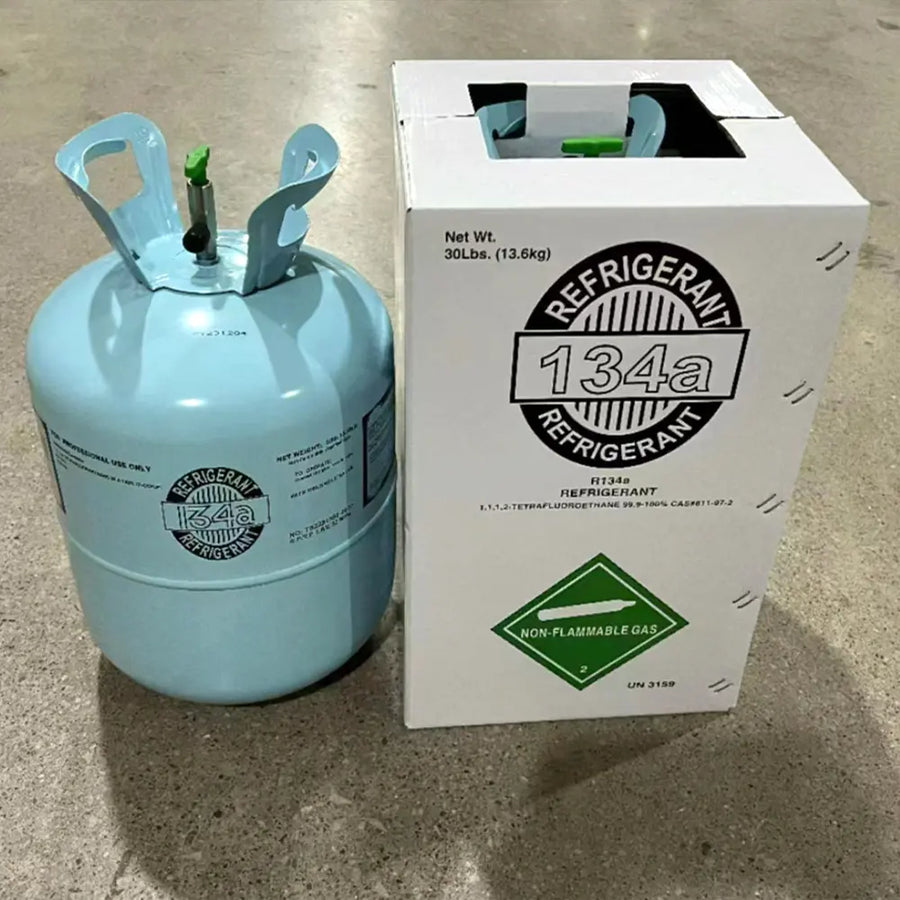 R134A refrigerant cylinder beside 30 lb shipping box