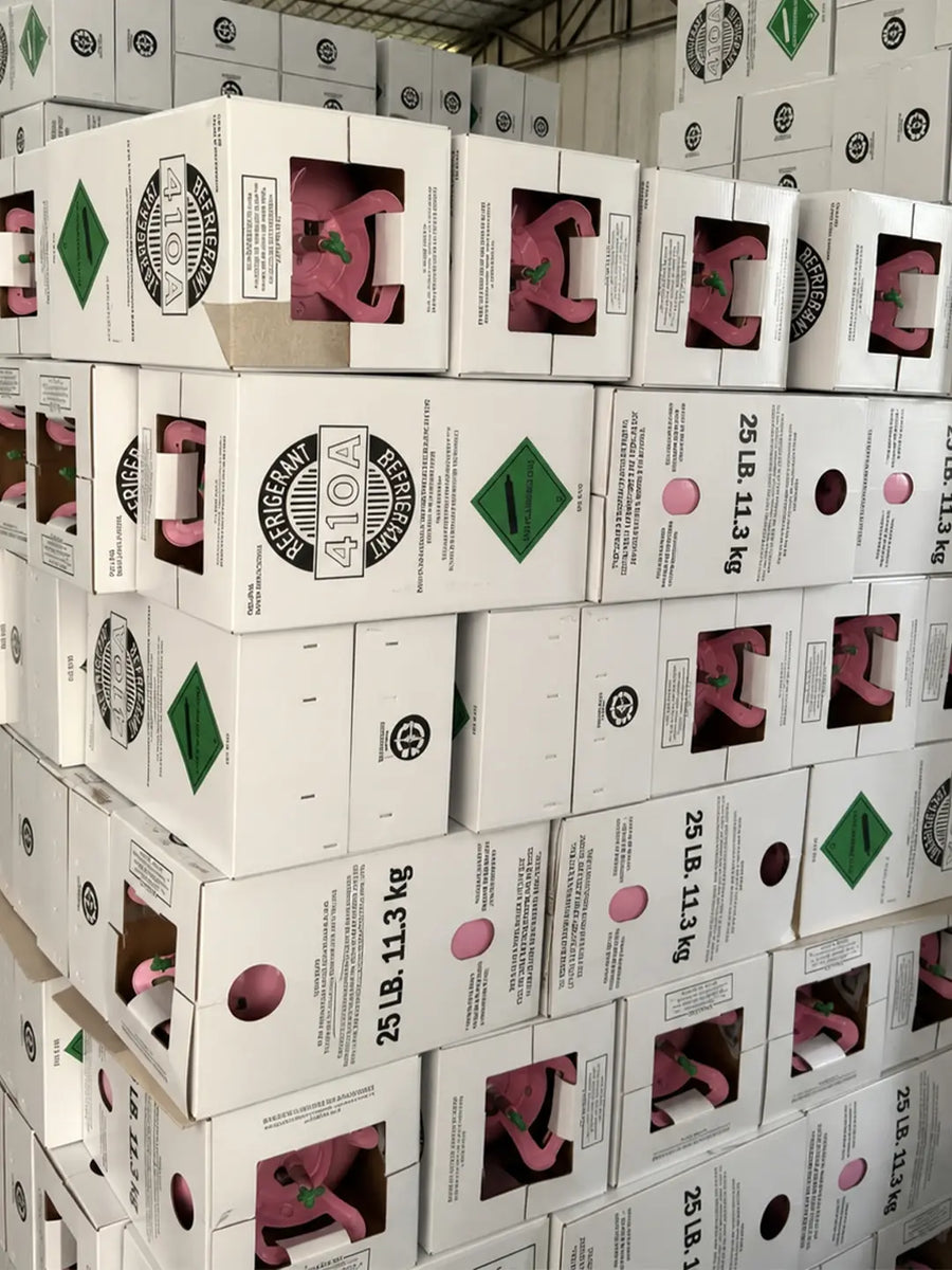 Stacked R410A 25 lb refrigerant boxes in warehouse inventory