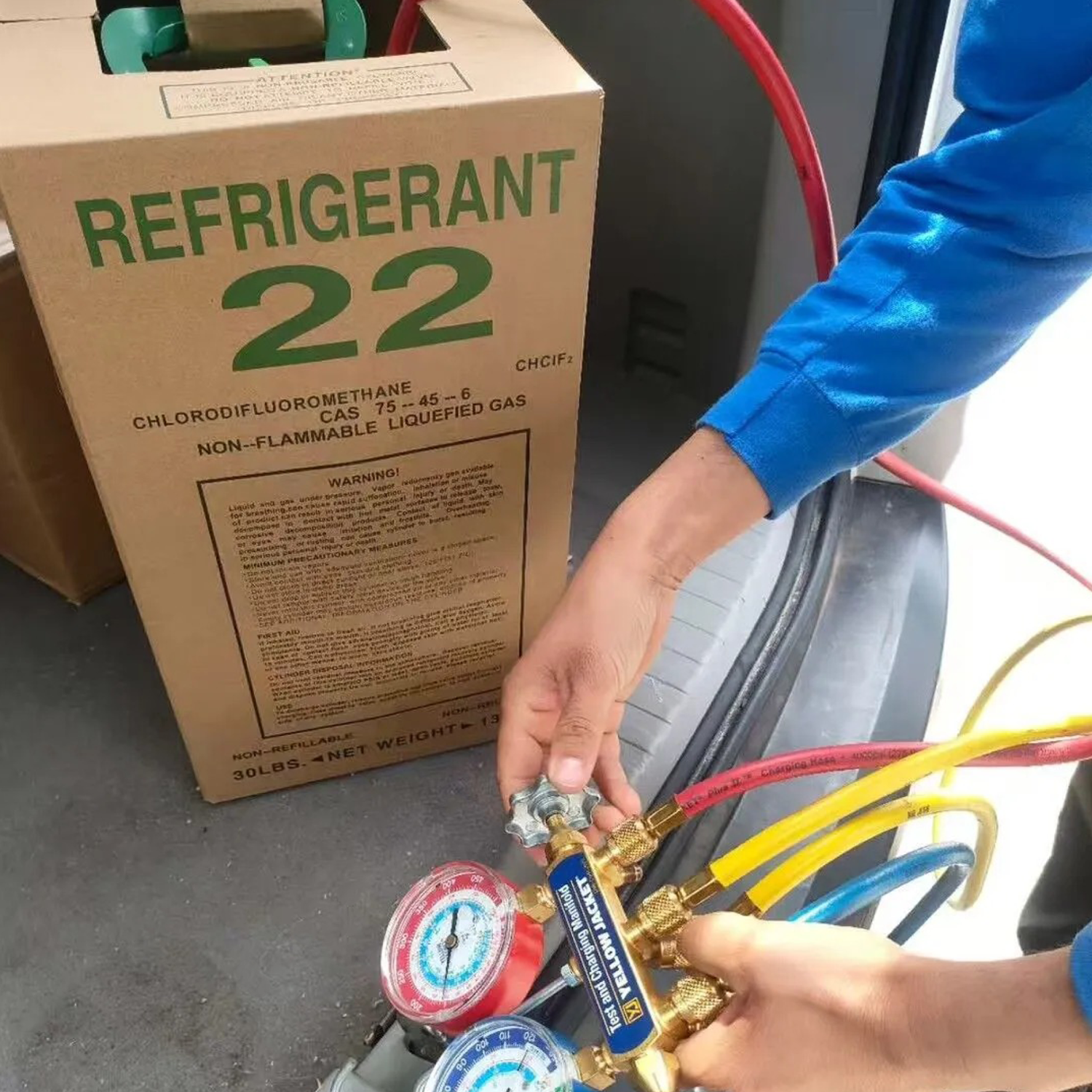R22 box with HVAC manifold gauges