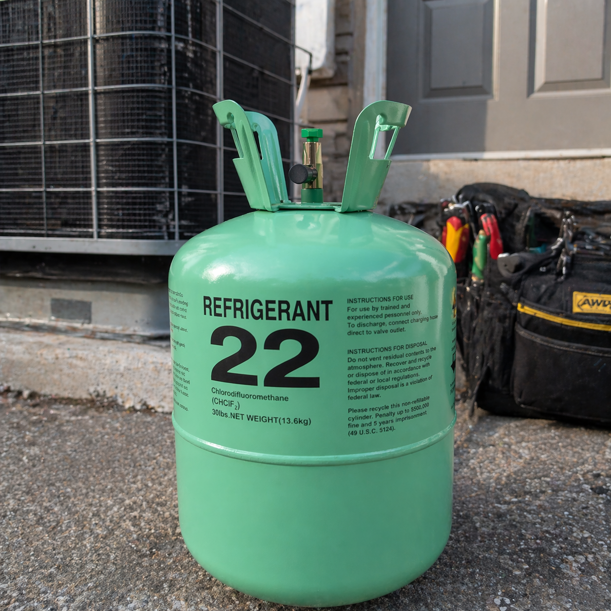 R22 cylinder near HVAC tools